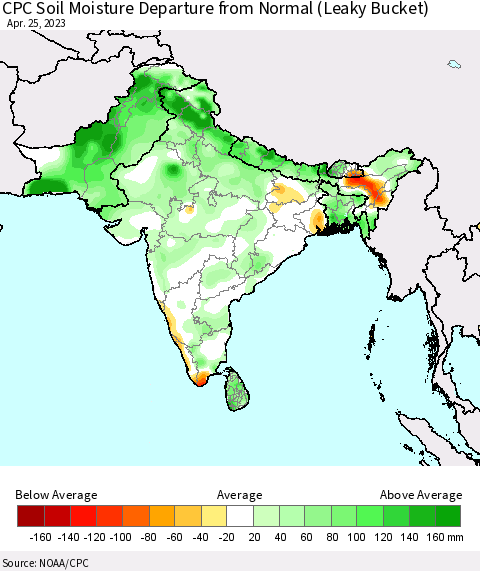 Southern Asia CPC Soil Moisture Departure from Normal (Leaky Bucket) Thematic Map For 4/21/2023 - 4/25/2023