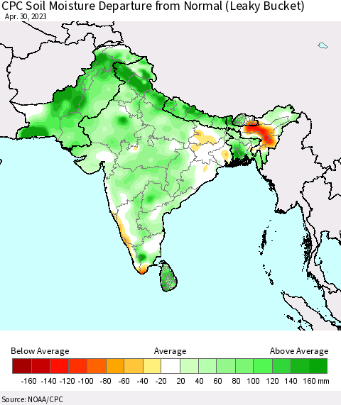Southern Asia CPC Soil Moisture Departure from Normal (Leaky Bucket) Thematic Map For 4/26/2023 - 4/30/2023