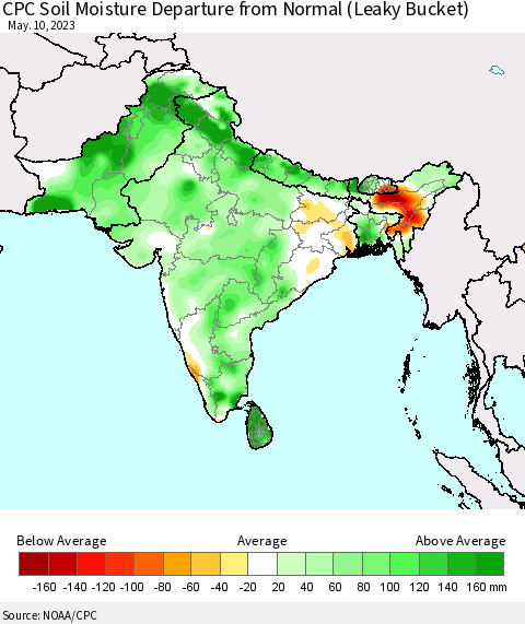 Southern Asia CPC Soil Moisture Departure from Normal (Leaky Bucket) Thematic Map For 5/6/2023 - 5/10/2023