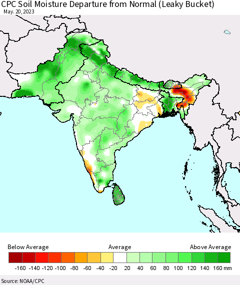 Southern Asia CPC Soil Moisture Anomaly (Leaky Bucket) Thematic Map For 5/16/2023 - 5/20/2023