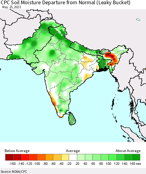 Southern Asia CPC Soil Moisture Departure from Normal (Leaky Bucket) Thematic Map For 5/21/2023 - 5/25/2023