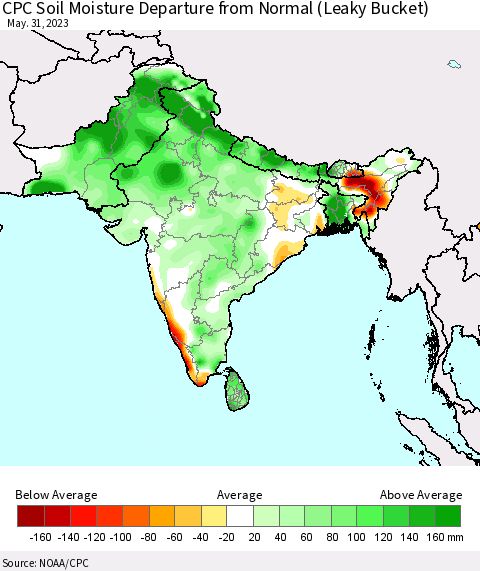 Southern Asia CPC Soil Moisture Anomaly (Leaky Bucket) Thematic Map For 5/26/2023 - 5/31/2023