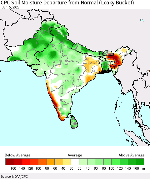 Southern Asia CPC Soil Moisture Anomaly (Leaky Bucket) Thematic Map For 6/1/2023 - 6/5/2023