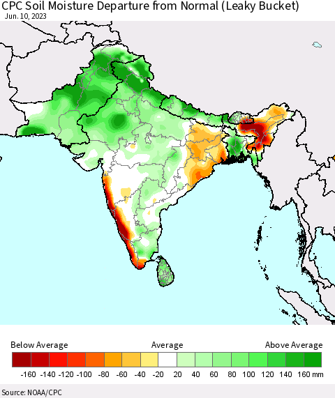 Southern Asia CPC Soil Moisture Anomaly (Leaky Bucket) Thematic Map For 6/6/2023 - 6/10/2023