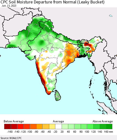 Southern Asia CPC Soil Moisture Anomaly (Leaky Bucket) Thematic Map For 6/11/2023 - 6/15/2023