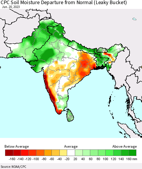 Southern Asia CPC Soil Moisture Anomaly (Leaky Bucket) Thematic Map For 6/16/2023 - 6/20/2023