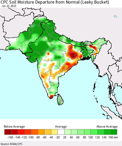 Southern Asia CPC Soil Moisture Departure from Normal (Leaky Bucket) Thematic Map For 7/6/2023 - 7/10/2023