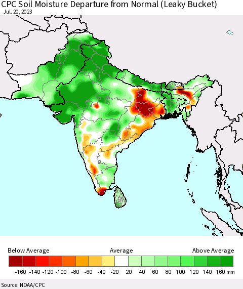 Southern Asia CPC Soil Moisture Departure from Normal (Leaky Bucket) Thematic Map For 7/16/2023 - 7/20/2023