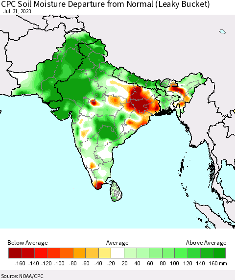 Southern Asia CPC Soil Moisture Departure from Normal (Leaky Bucket) Thematic Map For 7/26/2023 - 7/31/2023