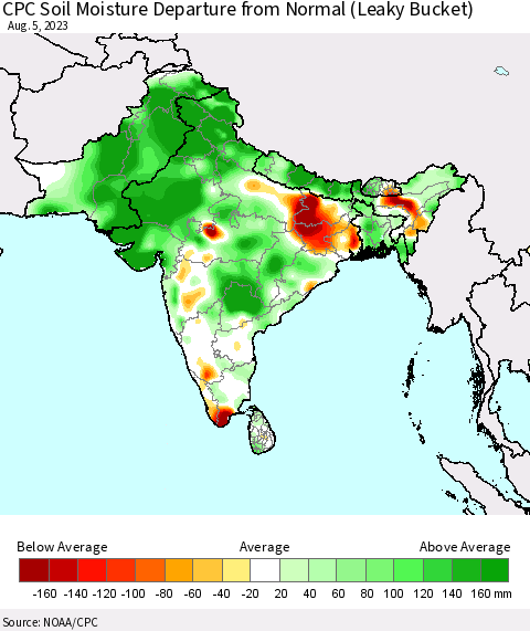 Southern Asia CPC Soil Moisture Departure from Normal (Leaky Bucket) Thematic Map For 8/1/2023 - 8/5/2023