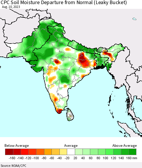 Southern Asia CPC Soil Moisture Departure from Normal (Leaky Bucket) Thematic Map For 8/6/2023 - 8/10/2023