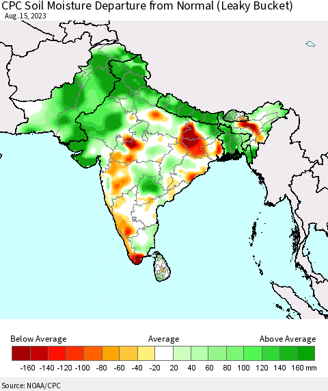 Southern Asia CPC Soil Moisture Anomaly (Leaky Bucket) Thematic Map For 8/11/2023 - 8/15/2023