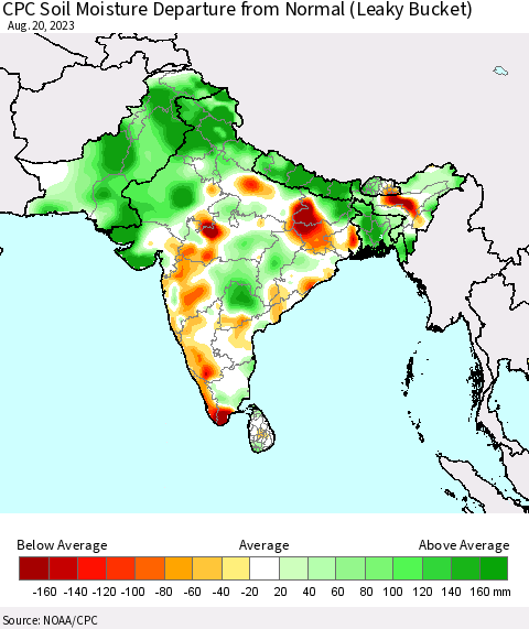Southern Asia CPC Soil Moisture Departure from Normal (Leaky Bucket) Thematic Map For 8/16/2023 - 8/20/2023