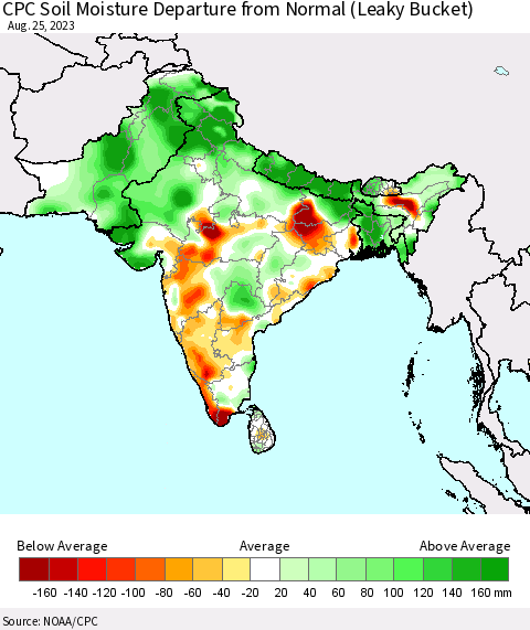 Southern Asia CPC Soil Moisture Anomaly (Leaky Bucket) Thematic Map For 8/21/2023 - 8/25/2023