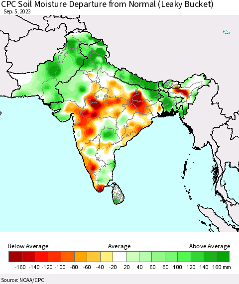 Southern Asia CPC Soil Moisture Anomaly (Leaky Bucket) Thematic Map For 9/1/2023 - 9/5/2023
