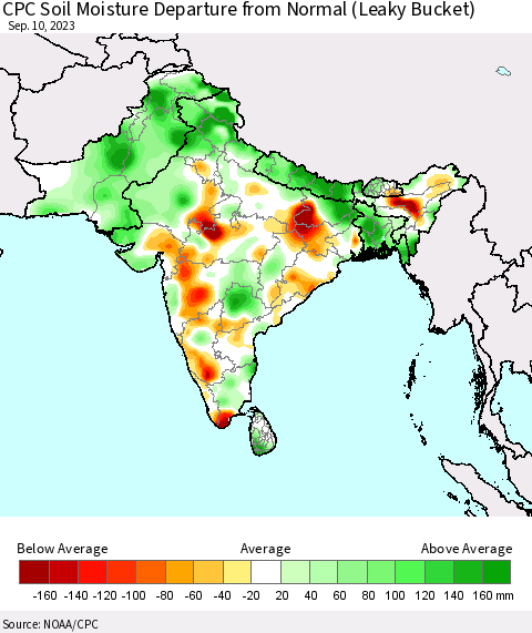 Southern Asia CPC Soil Moisture Anomaly (Leaky Bucket) Thematic Map For 9/6/2023 - 9/10/2023