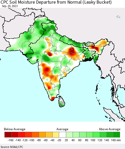 Southern Asia CPC Soil Moisture Departure from Normal (Leaky Bucket) Thematic Map For 9/16/2023 - 9/20/2023