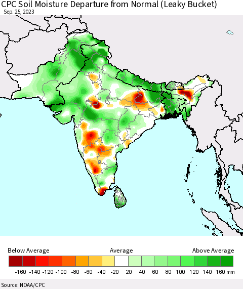 Southern Asia CPC Soil Moisture Departure from Normal (Leaky Bucket) Thematic Map For 9/21/2023 - 9/25/2023