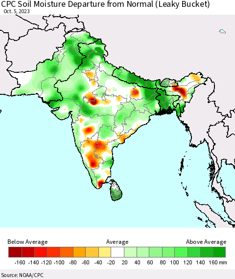 Southern Asia CPC Soil Moisture Departure from Normal (Leaky Bucket) Thematic Map For 10/1/2023 - 10/5/2023