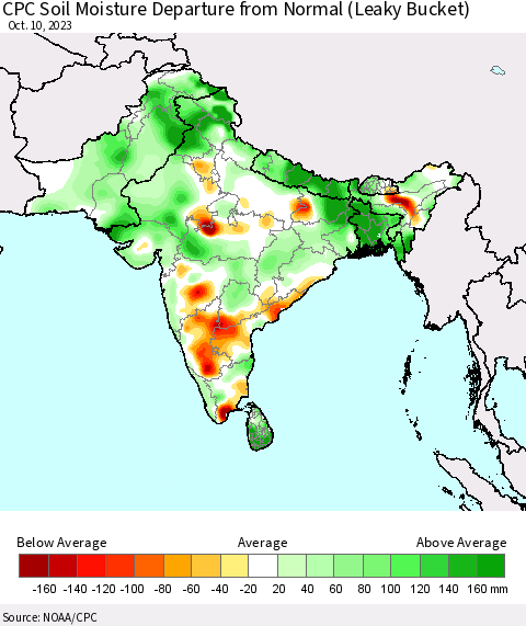 Southern Asia CPC Soil Moisture Departure from Normal (Leaky Bucket) Thematic Map For 10/6/2023 - 10/10/2023