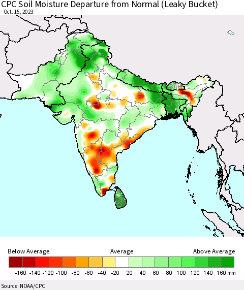 Southern Asia CPC Soil Moisture Departure from Normal (Leaky Bucket) Thematic Map For 10/11/2023 - 10/15/2023