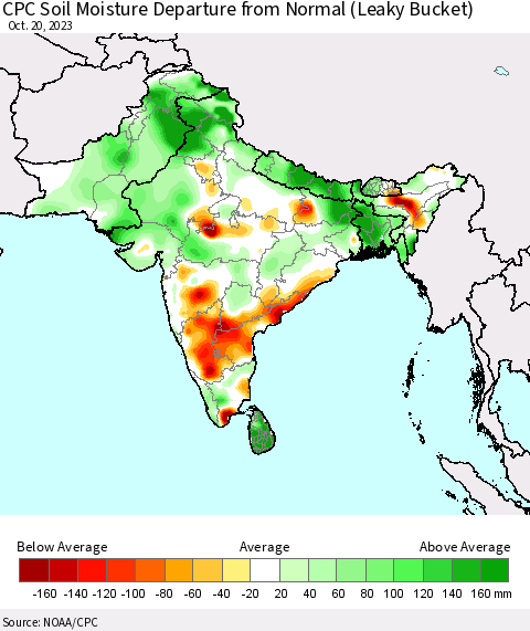 Southern Asia CPC Soil Moisture Departure from Normal (Leaky Bucket) Thematic Map For 10/16/2023 - 10/20/2023