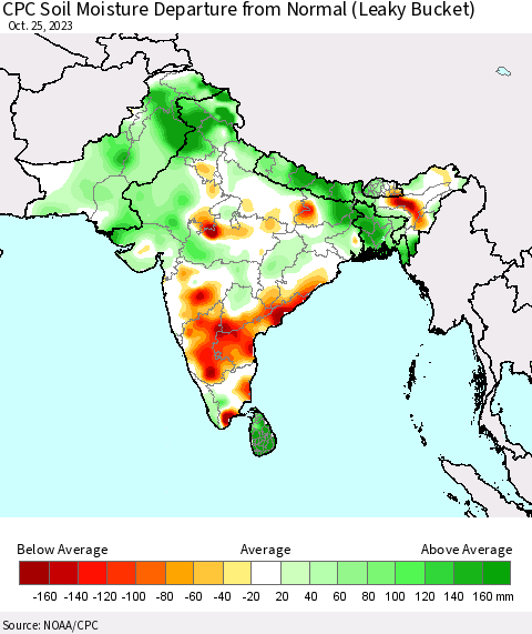 Southern Asia CPC Soil Moisture Departure from Normal (Leaky Bucket) Thematic Map For 10/21/2023 - 10/25/2023