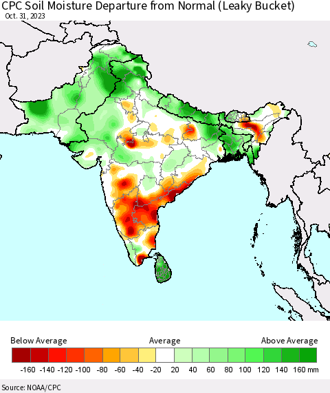 Southern Asia CPC Soil Moisture Departure from Normal (Leaky Bucket) Thematic Map For 10/26/2023 - 10/31/2023
