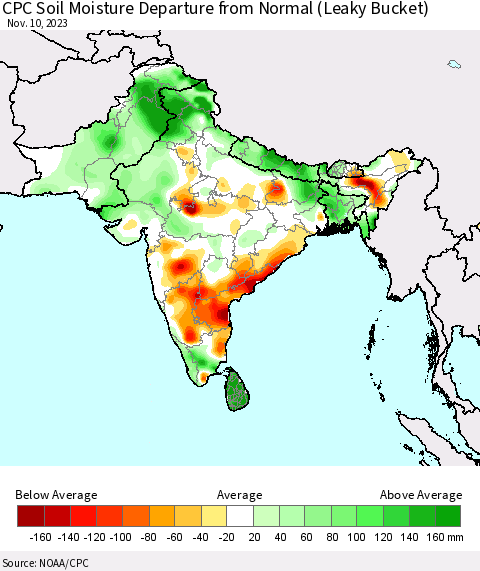 Southern Asia CPC Soil Moisture Departure from Normal (Leaky Bucket) Thematic Map For 11/6/2023 - 11/10/2023