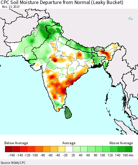 Southern Asia CPC Soil Moisture Departure from Normal (Leaky Bucket) Thematic Map For 11/11/2023 - 11/15/2023