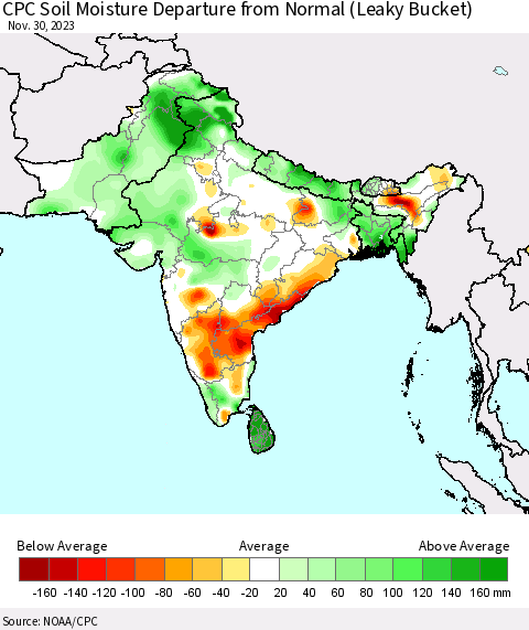 Southern Asia CPC Soil Moisture Departure from Normal (Leaky Bucket) Thematic Map For 11/26/2023 - 11/30/2023