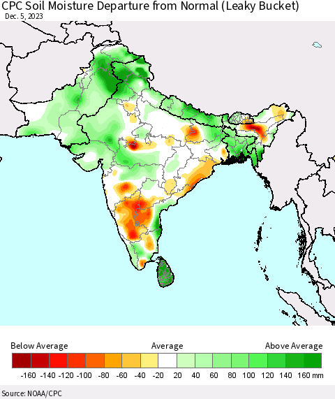 Southern Asia CPC Soil Moisture Departure from Normal (Leaky Bucket) Thematic Map For 12/1/2023 - 12/5/2023