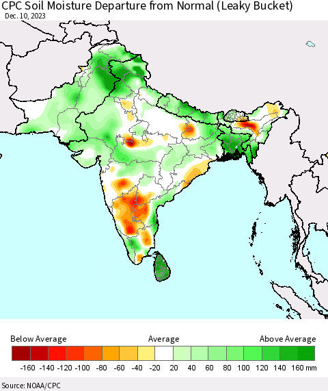 Southern Asia CPC Soil Moisture Departure from Normal (Leaky Bucket) Thematic Map For 12/6/2023 - 12/10/2023