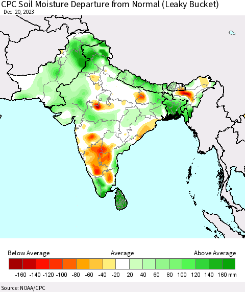 Southern Asia CPC Soil Moisture Departure from Normal (Leaky Bucket) Thematic Map For 12/16/2023 - 12/20/2023