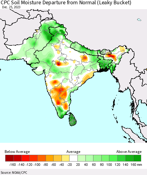 Southern Asia CPC Soil Moisture Departure from Normal (Leaky Bucket) Thematic Map For 12/21/2023 - 12/25/2023