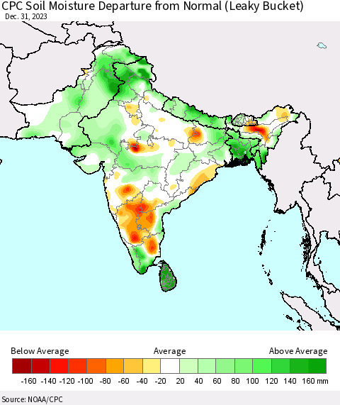 Southern Asia CPC Soil Moisture Departure from Normal (Leaky Bucket) Thematic Map For 12/26/2023 - 12/31/2023