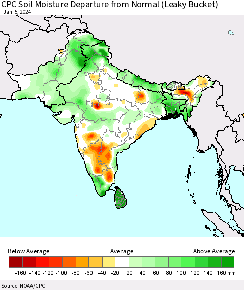Southern Asia CPC Soil Moisture Departure from Normal (Leaky Bucket) Thematic Map For 1/1/2024 - 1/5/2024