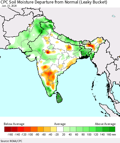 Southern Asia CPC Soil Moisture Departure from Normal (Leaky Bucket) Thematic Map For 1/11/2024 - 1/15/2024