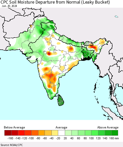 Southern Asia CPC Soil Moisture Departure from Normal (Leaky Bucket) Thematic Map For 1/16/2024 - 1/20/2024