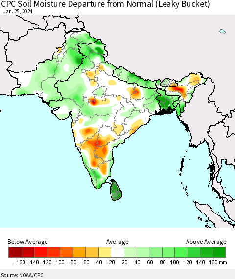 Southern Asia CPC Soil Moisture Departure from Normal (Leaky Bucket) Thematic Map For 1/21/2024 - 1/25/2024