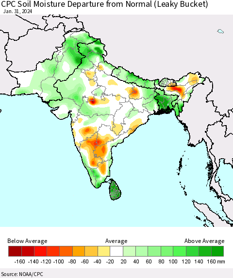 Southern Asia CPC Soil Moisture Departure from Normal (Leaky Bucket) Thematic Map For 1/26/2024 - 1/31/2024