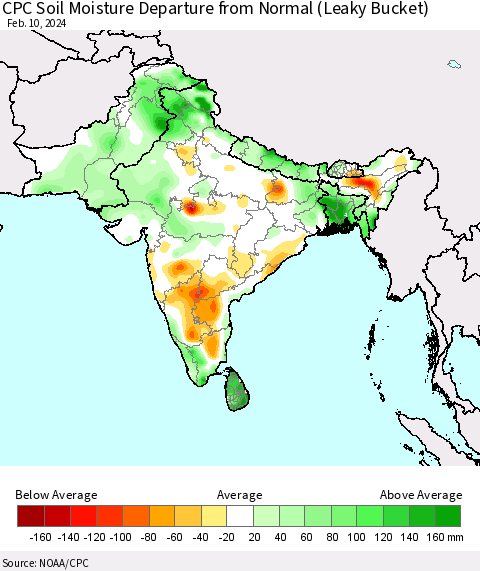 Southern Asia CPC Soil Moisture Departure from Normal (Leaky Bucket) Thematic Map For 2/6/2024 - 2/10/2024