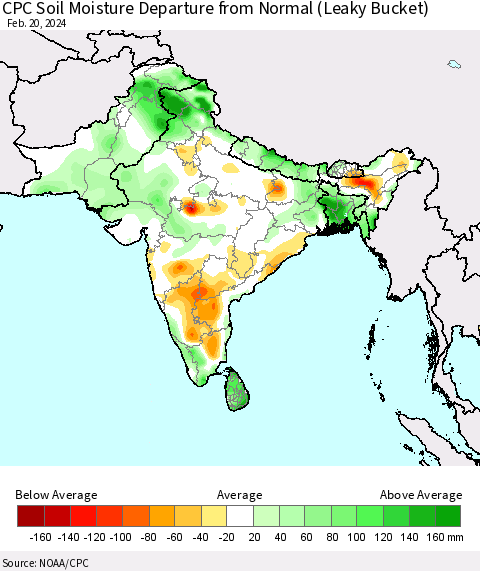 Southern Asia CPC Soil Moisture Departure from Normal (Leaky Bucket) Thematic Map For 2/16/2024 - 2/20/2024