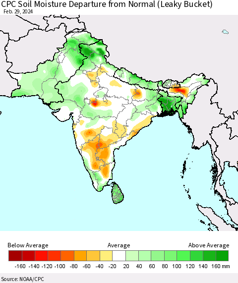 Southern Asia CPC Soil Moisture Departure from Normal (Leaky Bucket) Thematic Map For 2/26/2024 - 2/29/2024