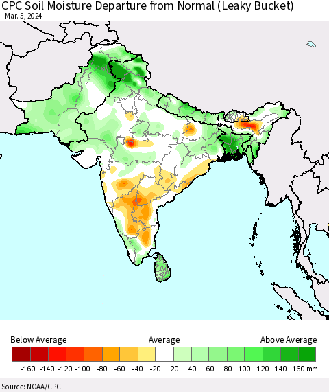 Southern Asia CPC Soil Moisture Departure from Normal (Leaky Bucket) Thematic Map For 3/1/2024 - 3/5/2024
