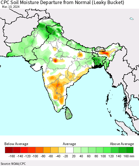 Southern Asia CPC Soil Moisture Departure from Normal (Leaky Bucket) Thematic Map For 3/6/2024 - 3/10/2024