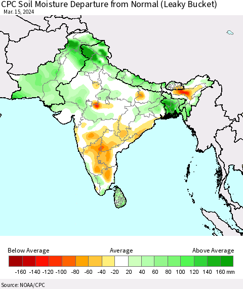 Southern Asia CPC Soil Moisture Departure from Normal (Leaky Bucket) Thematic Map For 3/11/2024 - 3/15/2024