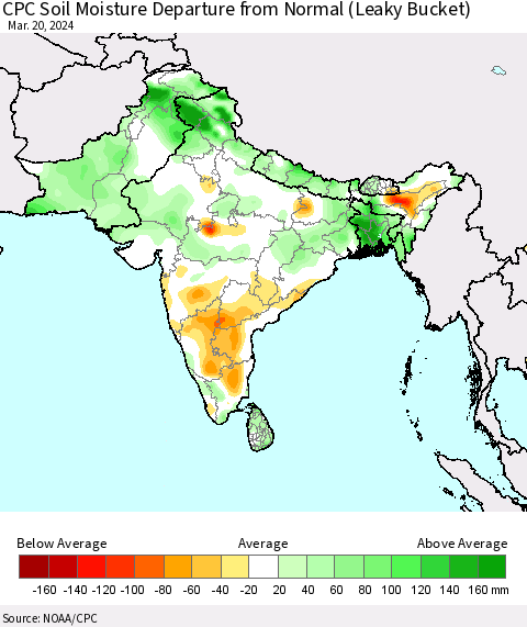 Southern Asia CPC Soil Moisture Departure from Normal (Leaky Bucket) Thematic Map For 3/16/2024 - 3/20/2024