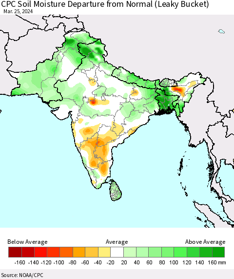Southern Asia CPC Soil Moisture Departure from Normal (Leaky Bucket) Thematic Map For 3/21/2024 - 3/25/2024