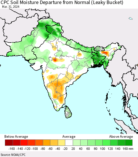Southern Asia CPC Soil Moisture Departure from Normal (Leaky Bucket) Thematic Map For 3/26/2024 - 3/31/2024